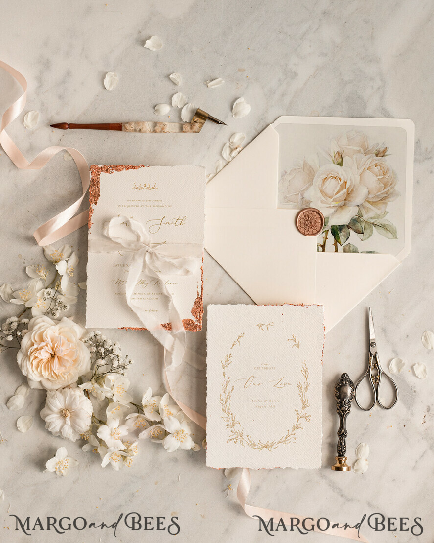 SAMPLING SERVICE samples Fine Art Ivory wedding Invitation Sample, handmade sample set, Ivory Deckled Edge wedding invitation, Golden Edges Invites sample set