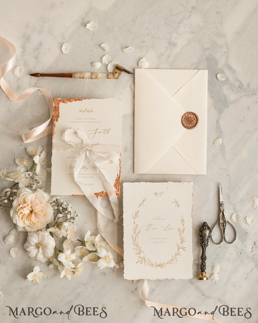 SAMPLING SERVICE samples Fine Art Ivory wedding Invitation Sample, handmade sample set, Ivory Deckled Edge wedding invitation, Golden Edges Invites sample set