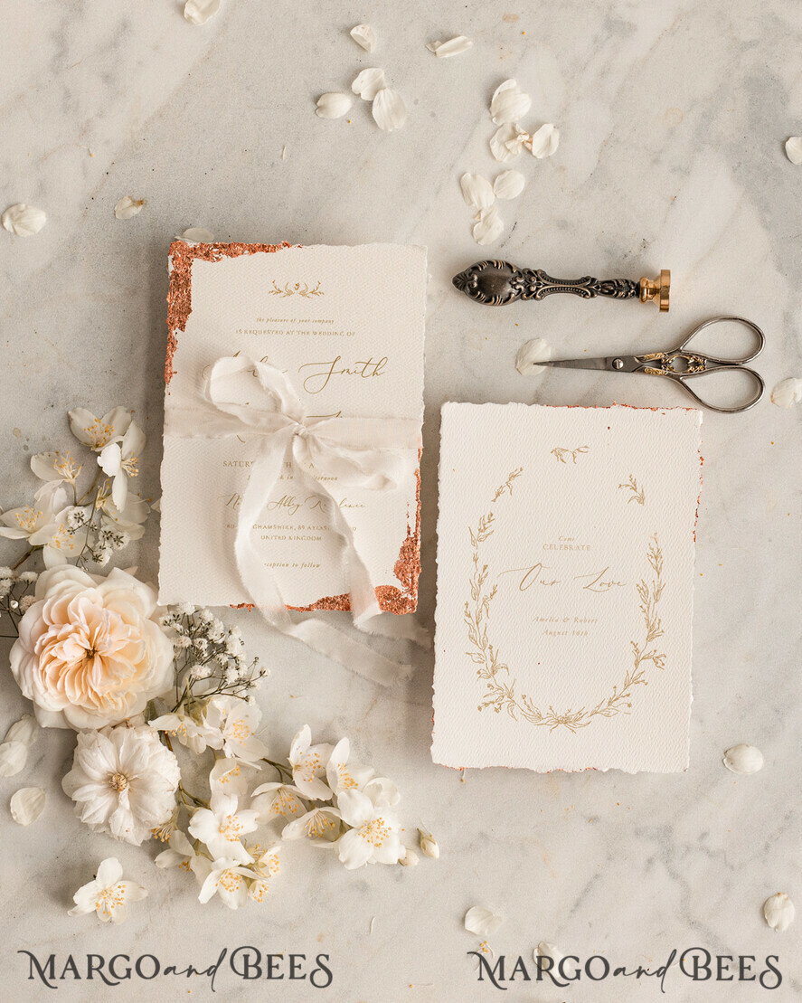 SAMPLING SERVICE samples Fine Art Ivory wedding Invitation Sample, handmade sample set, Ivory Deckled Edge wedding invitation, Golden Edges Invites sample set
