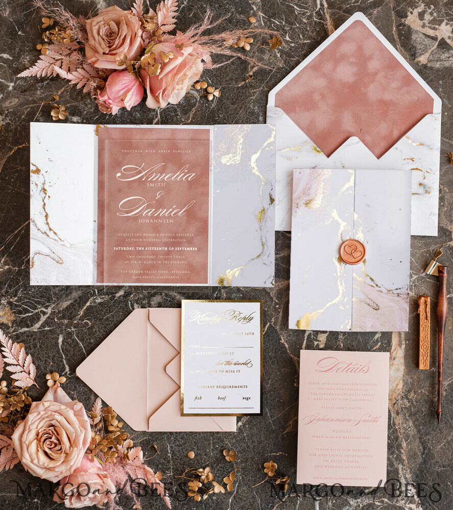 SAMPLING SERVICE samples Gold Marble wedding Invitation Sample, handmade sample set, Dusty Rose Velvet wedding invitation sample, white and gold acrylic invites sample set