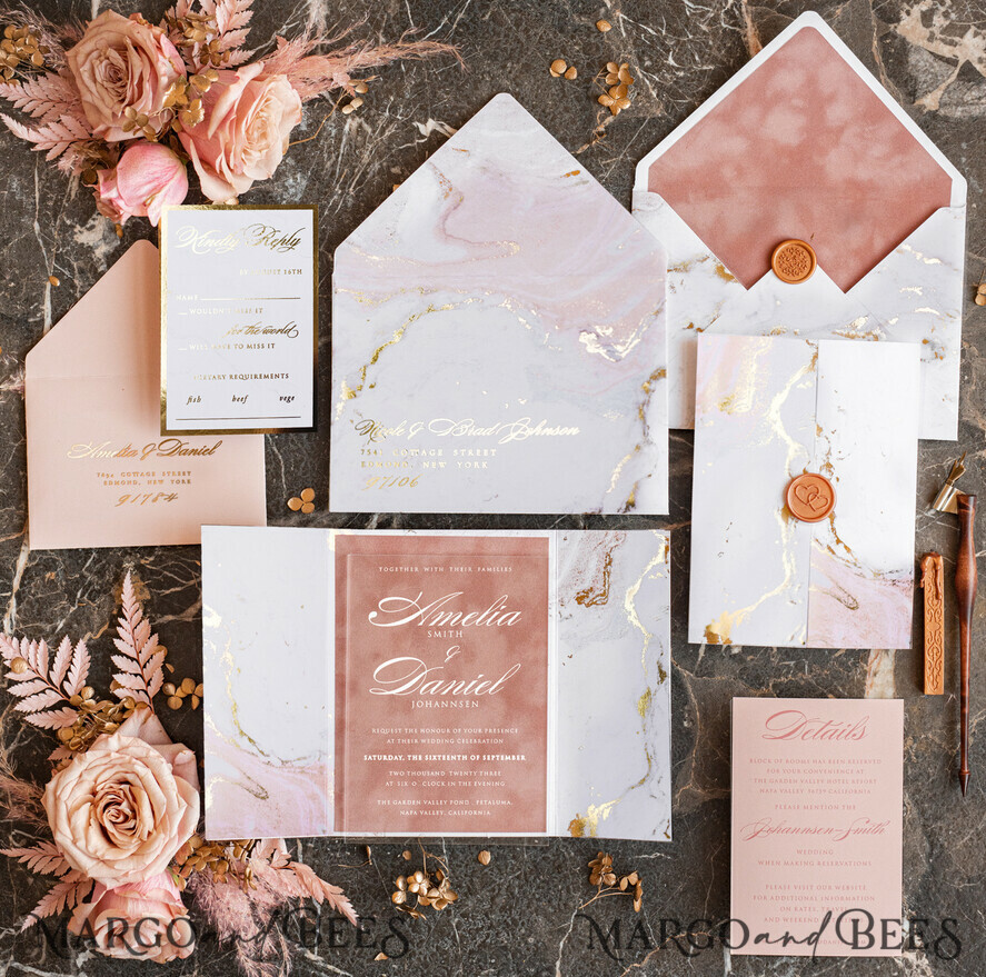 SAMPLING SERVICE samples Gold Marble wedding Invitation Sample, handmade sample set, Dusty Rose Velvet wedding invitation sample, white and gold acrylic invites sample set