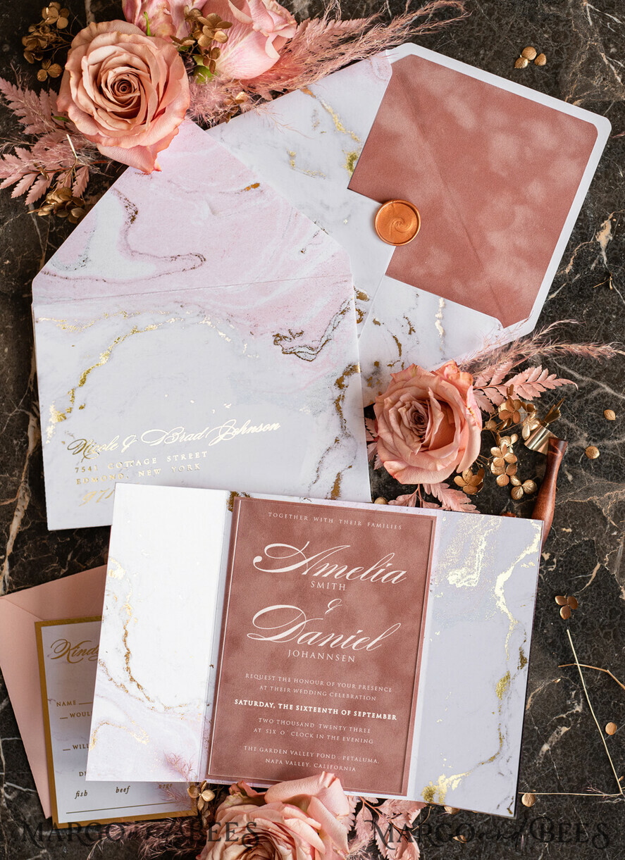 SAMPLING SERVICE samples Gold Marble wedding Invitation Sample, handmade sample set, Dusty Rose Velvet wedding invitation sample, white and gold acrylic invites sample set