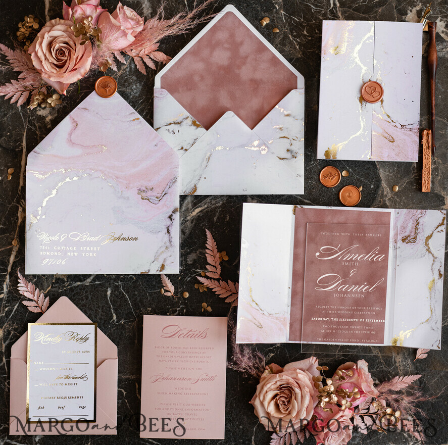 SAMPLING SERVICE samples Gold Marble wedding Invitation Sample, handmade sample set, Dusty Rose Velvet wedding invitation sample, white and gold acrylic invites sample set