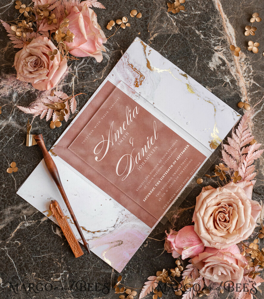 SAMPLING SERVICE samples Gold Marble wedding Invitation Sample, handmade sample set, Dusty Rose Velvet wedding invitation sample, white and gold acrylic invites sample set