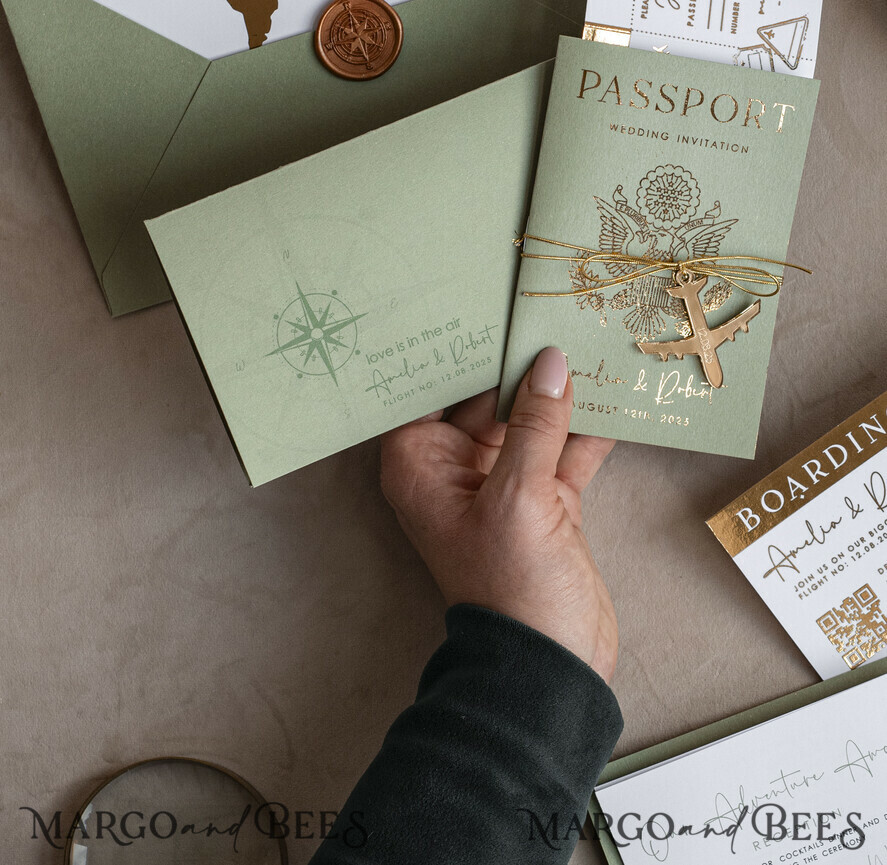 SAMPLING SERVICE samples Sample, bespoke sample set Gold Sage green Passport Wedding Invitation, Golden Wedding Cards Boarding Pass, Greenry Travel Passport Wedding Invitations Abroad, Destination Greece Wedding Invites, Tuscany Travel Map Wedding Stationary Italy World map