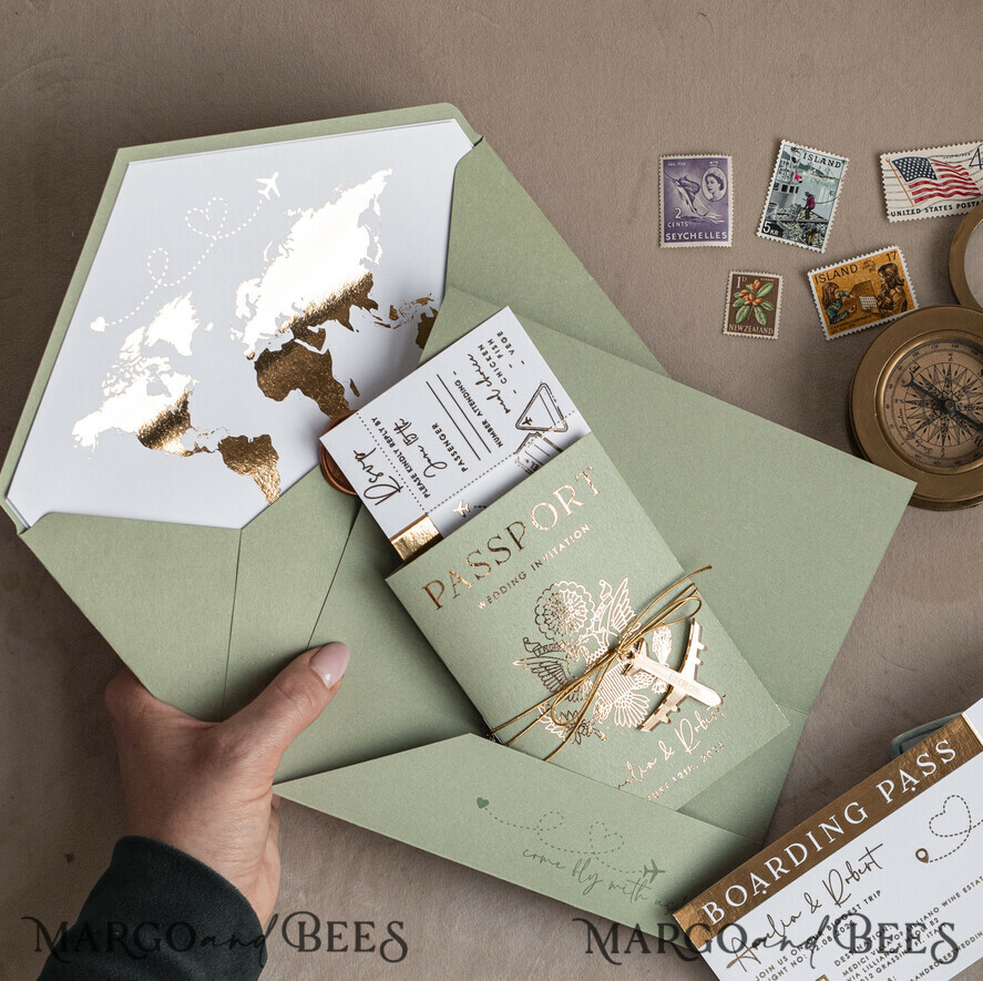 SAMPLING SERVICE samples Sample, bespoke sample set Gold Sage green Passport Wedding Invitation, Golden Wedding Cards Boarding Pass, Greenry Travel Passport Wedding Invitations Abroad, Destination Greece Wedding Invites, Tuscany Travel Map Wedding Stationary Italy World map