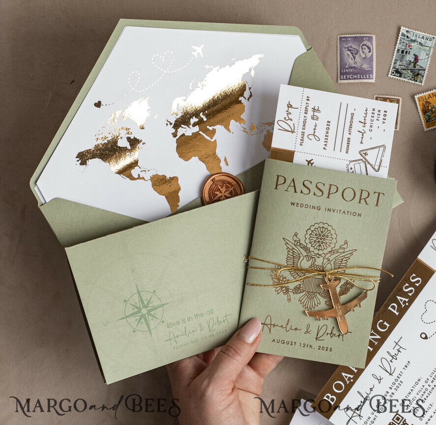 SAMPLING SERVICE samples Sample, bespoke sample set Gold Sage green Passport Wedding Invitation, Golden Wedding Cards Boarding Pass, Greenry Travel Passport Wedding Invitations Abroad, Destination Greece Wedding Invites, Tuscany Travel Map Wedding Stationary Italy World map