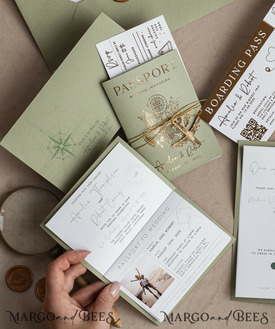 SAMPLING SERVICE samples Sample, bespoke sample set Gold Sage green Passport Wedding Invitation, Golden Wedding Cards Boarding Pass, Greenry Travel Passport Wedding Invitations Abroad, Destination Greece Wedding Invites, Tuscany Travel Map Wedding Stationary Italy World map