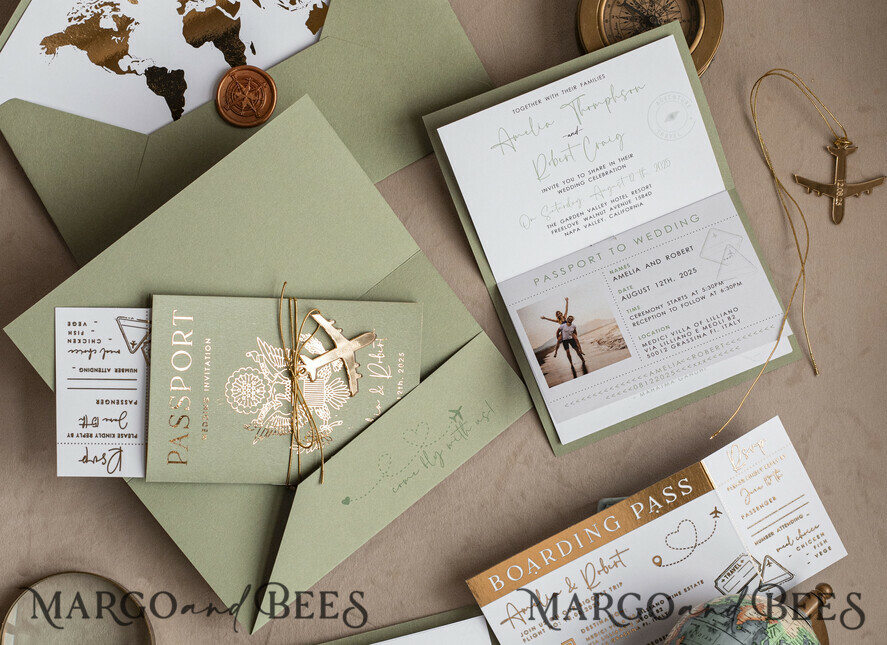 SAMPLING SERVICE samples Sample, bespoke sample set Gold Sage green Passport Wedding Invitation, Golden Wedding Cards Boarding Pass, Greenry Travel Passport Wedding Invitations Abroad, Destination Greece Wedding Invites, Tuscany Travel Map Wedding Stationary Italy World map