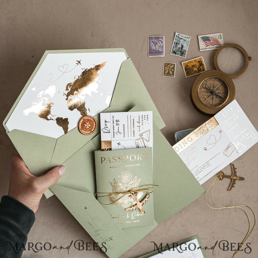 SAMPLING SERVICE samples Sample, bespoke sample set Gold Sage green Passport Wedding Invitation, Golden Wedding Cards Boarding Pass, Greenry Travel Passport Wedding Invitations Abroad, Destination Greece Wedding Invites, Tuscany Travel Map Wedding Stationary Italy World map