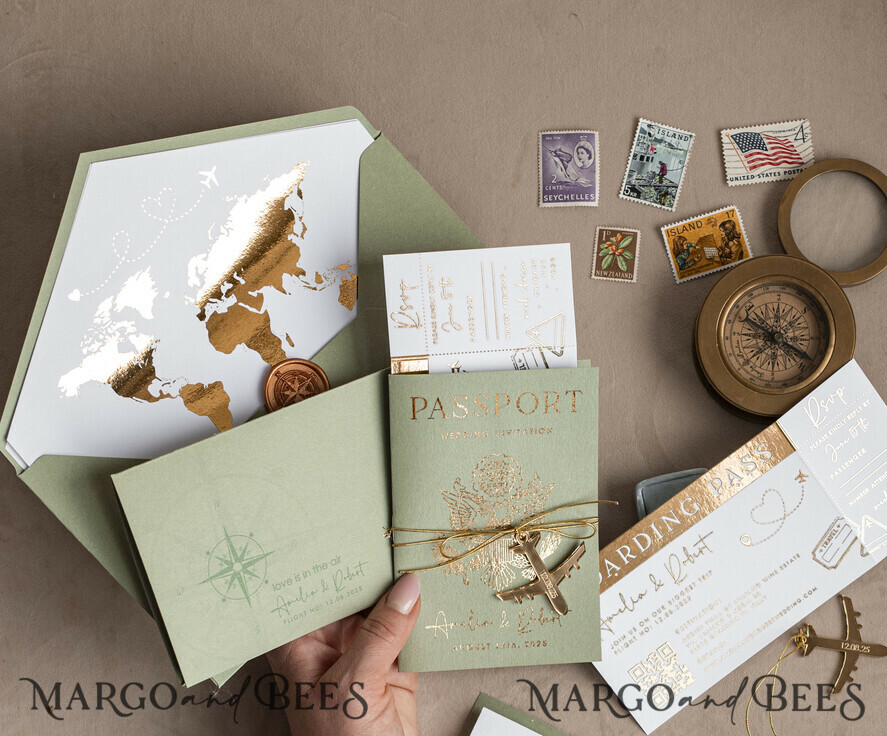 SAMPLING SERVICE samples Sample, bespoke sample set Gold Sage green Passport Wedding Invitation, Golden Wedding Cards Boarding Pass, Greenry Travel Passport Wedding Invitations Abroad, Destination Greece Wedding Invites, Tuscany Travel Map Wedding Stationary Italy World map