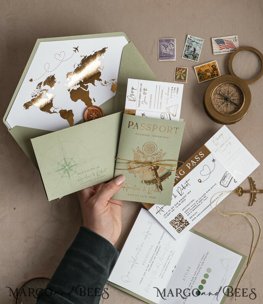 SAMPLING SERVICE samples Sample, bespoke sample set Gold Sage green Passport Wedding Invitation, Golden Wedding Cards Boarding Pass, Greenry Travel Passport Wedding Invitations Abroad, Destination Greece Wedding Invites, Tuscany Travel Map Wedding Stationary Italy World map
