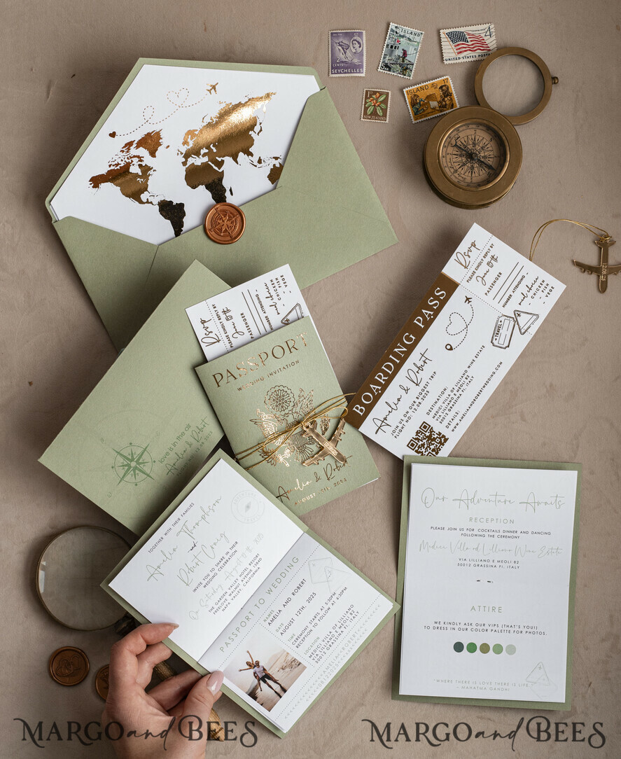 SAMPLING SERVICE samples Sample, bespoke sample set Gold Sage green Passport Wedding Invitation, Golden Wedding Cards Boarding Pass, Greenry Travel Passport Wedding Invitations Abroad, Destination Greece Wedding Invites, Tuscany Travel Map Wedding Stationary Italy World map