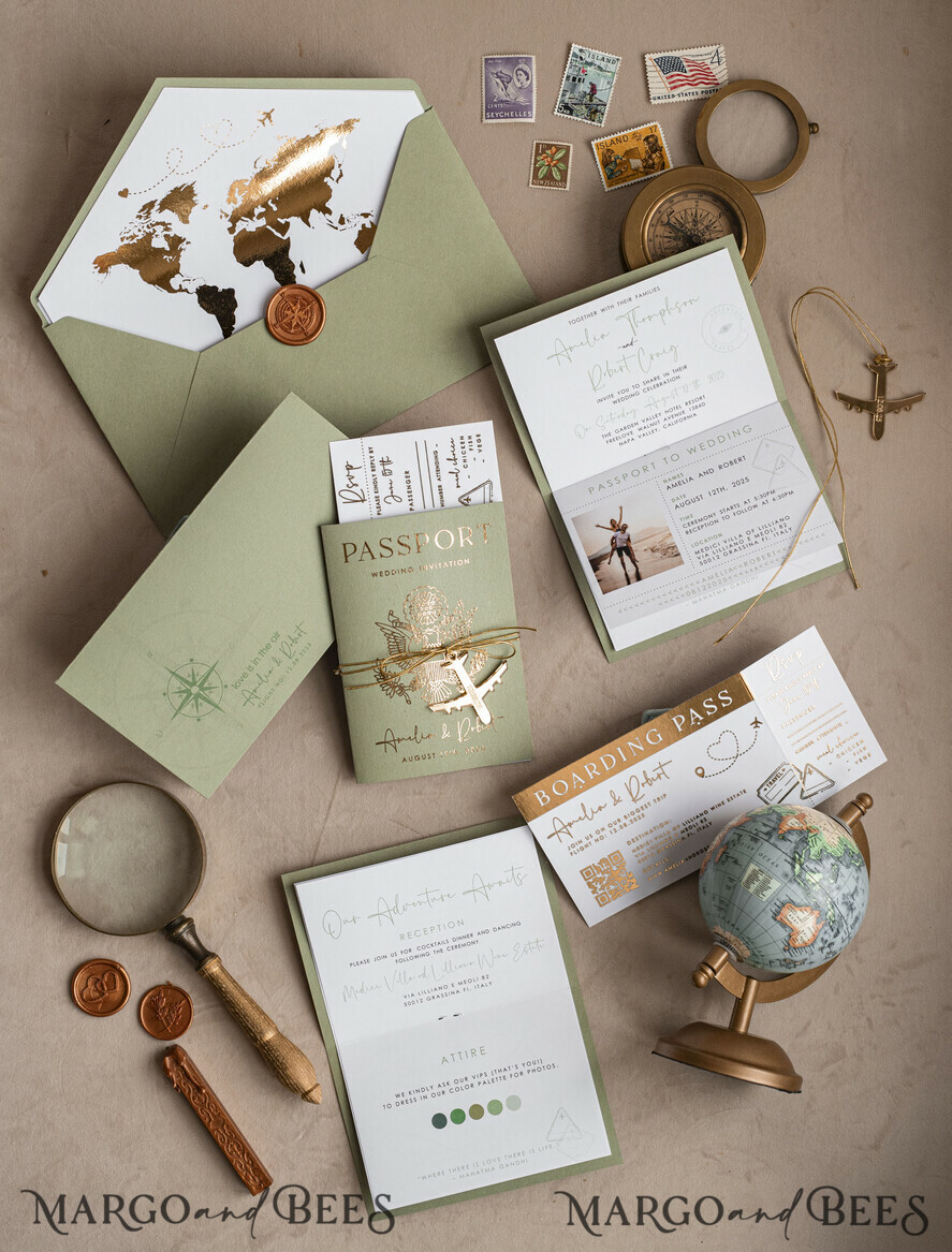 SAMPLING SERVICE samples Sample, bespoke sample set Gold Sage green Passport Wedding Invitation, Golden Wedding Cards Boarding Pass, Greenry Travel Passport Wedding Invitations Abroad, Destination Greece Wedding Invites, Tuscany Travel Map Wedding Stationary Italy World map