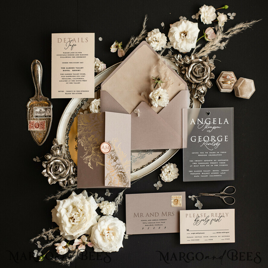 SAMPLING SERVICE samples Ivory Beige wedding Invitation Sample, Cappuccino handmade sample set, Beige Velvet and Gold Foil wedding invitation, frosted acryl invites sample set
