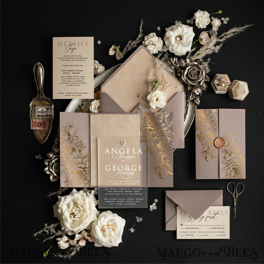SAMPLING SERVICE samples Ivory Beige wedding Invitation Sample, Cappuccino handmade sample set, Beige Velvet and Gold Foil wedding invitation, frosted acryl invites sample set