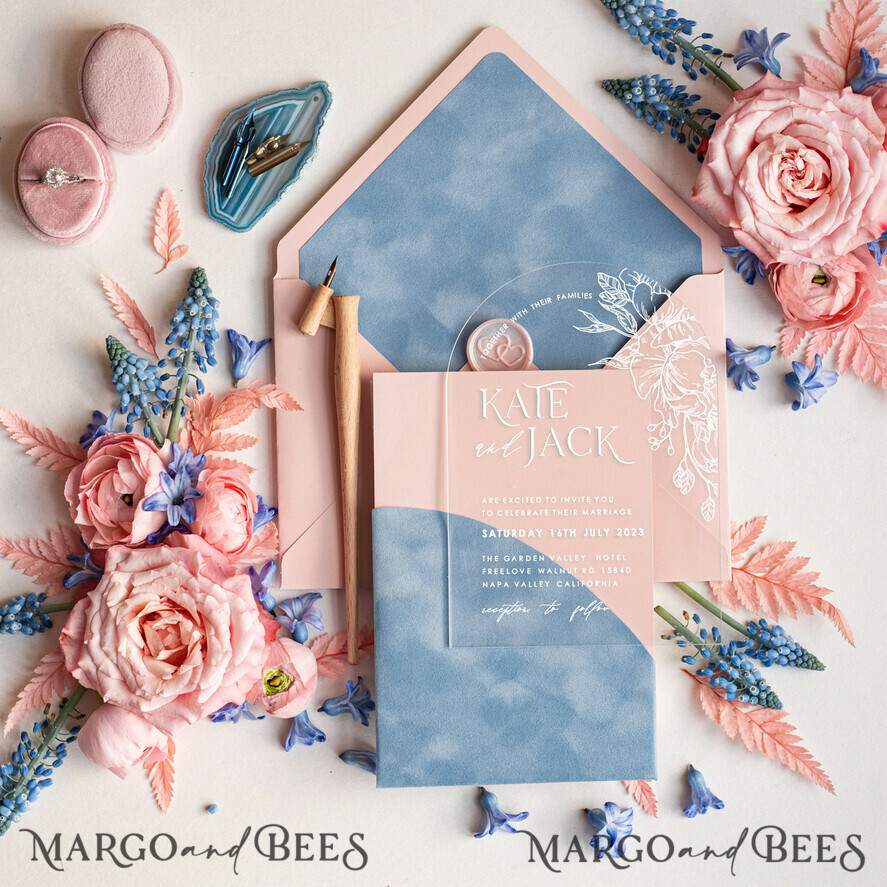 SAMPLING SERVICE samples Dusty Blue Velvet wedding Invitation Sample, handmade sample set, Dusty Rose wedding invitation, arch acrylic invites sample set