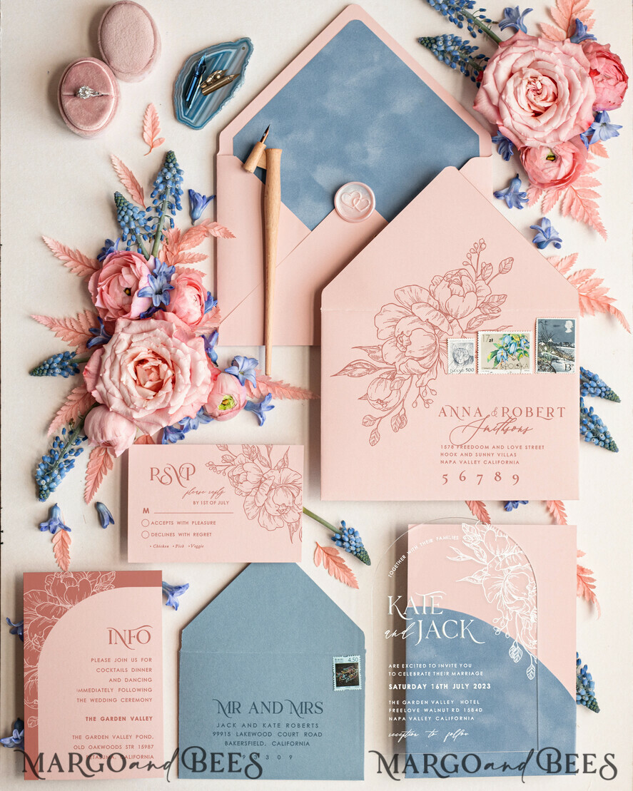 SAMPLING SERVICE samples Dusty Blue Velvet wedding Invitation Sample, handmade sample set, Dusty Rose wedding invitation, arch acrylic invites sample set