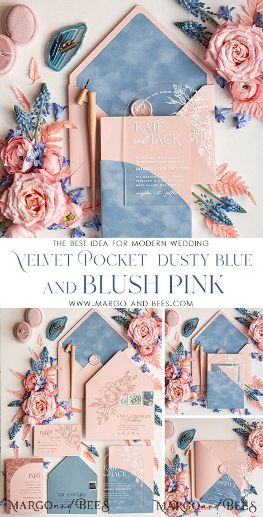 SAMPLING SERVICE samples Dusty Blue Velvet wedding Invitation Sample, handmade sample set, Dusty Rose wedding invitation, arch acrylic invites sample set