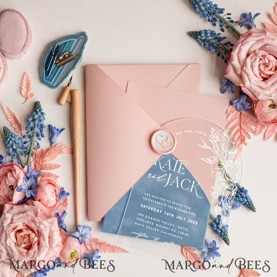 SAMPLING SERVICE samples Dusty Blue Velvet wedding Invitation Sample, handmade sample set, Dusty Rose wedding invitation, arch acrylic invites sample set