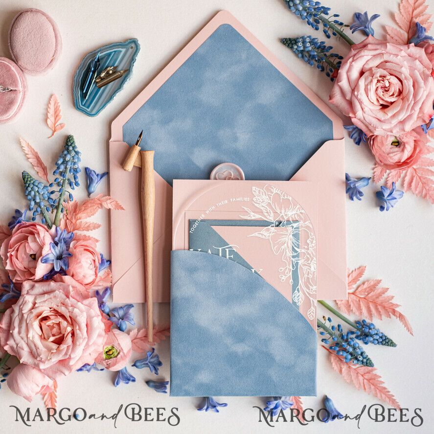 SAMPLING SERVICE samples Dusty Blue Velvet wedding Invitation Sample, handmade sample set, Dusty Rose wedding invitation, arch acrylic invites sample set
