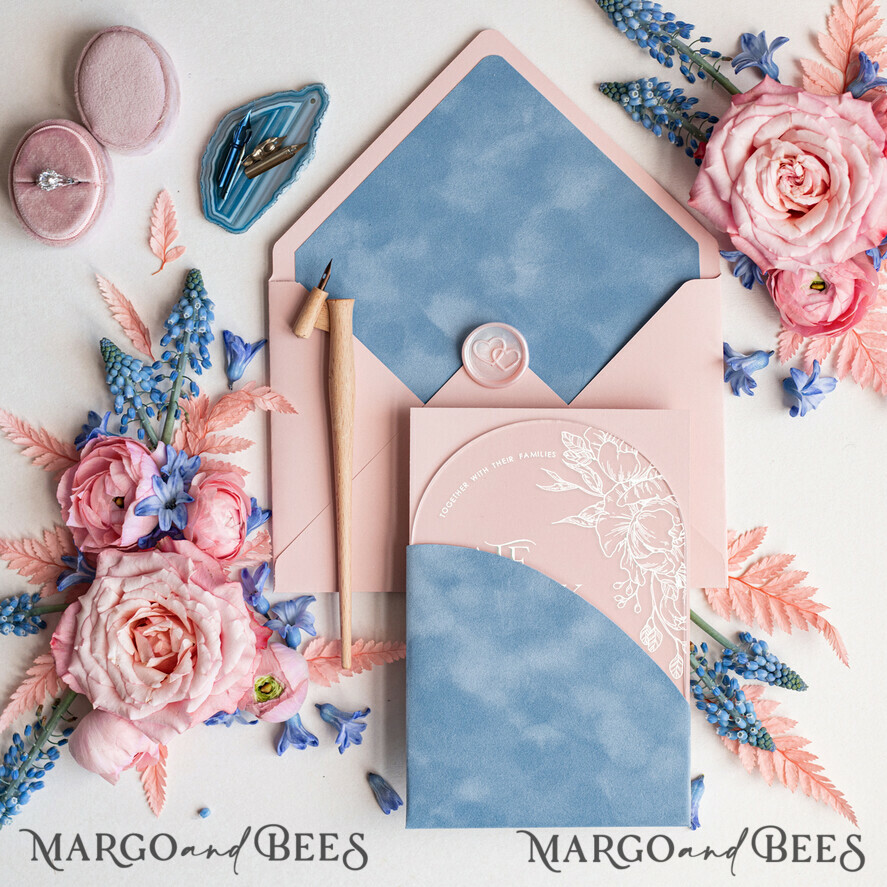 SAMPLING SERVICE samples Dusty Blue Velvet wedding Invitation Sample, handmade sample set, Dusty Rose wedding invitation, arch acrylic invites sample set