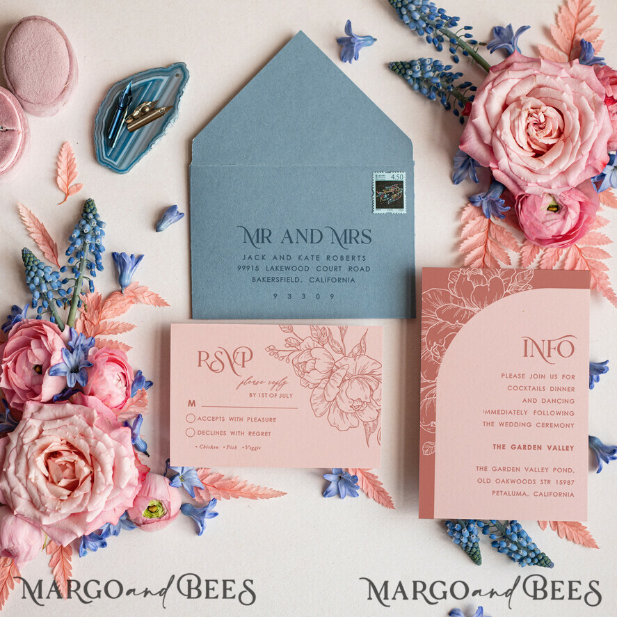 SAMPLING SERVICE samples Dusty Blue Velvet wedding Invitation Sample, handmade sample set, Dusty Rose wedding invitation, arch acrylic invites sample set