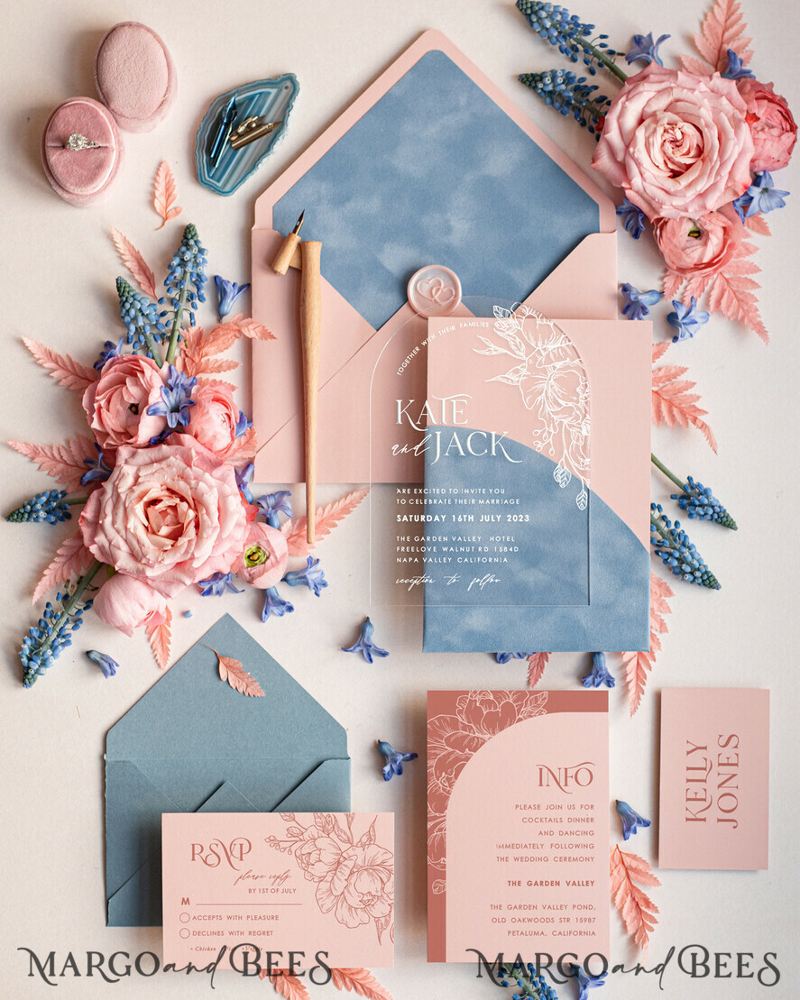 SAMPLING SERVICE samples Dusty Blue Velvet wedding Invitation Sample, handmade sample set, Dusty Rose wedding invitation, arch acrylic invites sample set