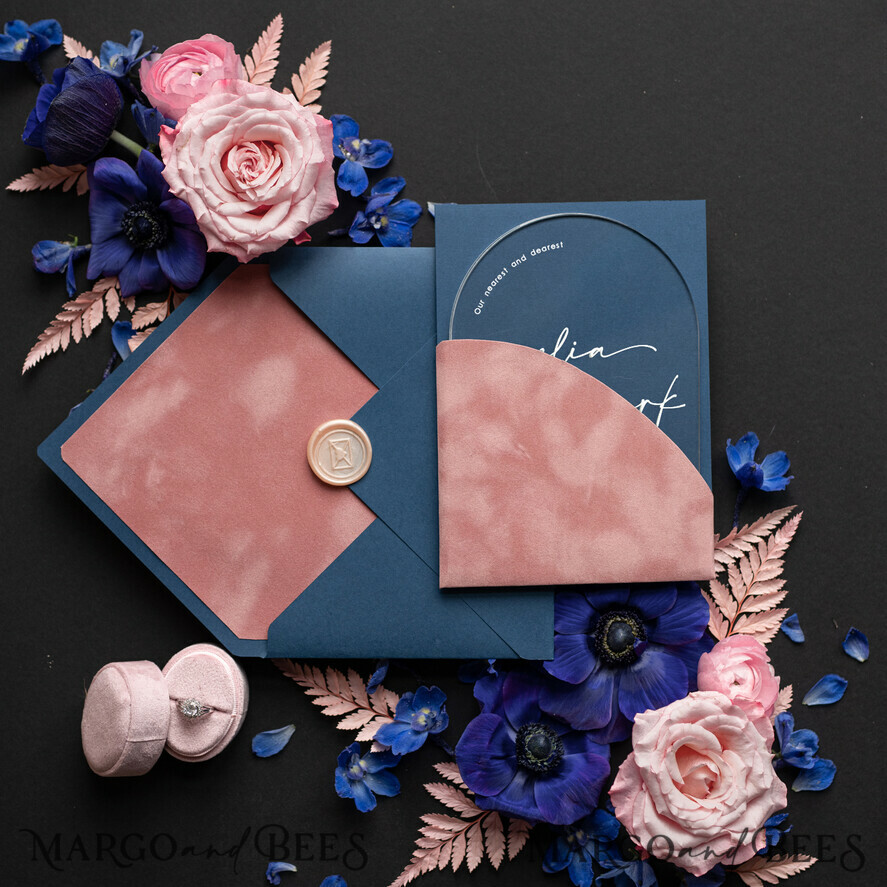 SAMPLING SERVICE samples Dusty Rose Velvet wedding Invitation Sample, handmade sample set, Navy Blue wedding invitation sample set, arch acrylic invites sample set