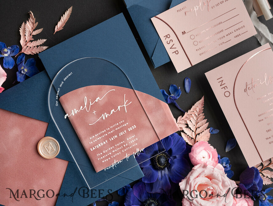 SAMPLING SERVICE samples Dusty Rose Velvet wedding Invitation Sample, handmade sample set, Navy Blue wedding invitation sample set, arch acrylic invites sample set