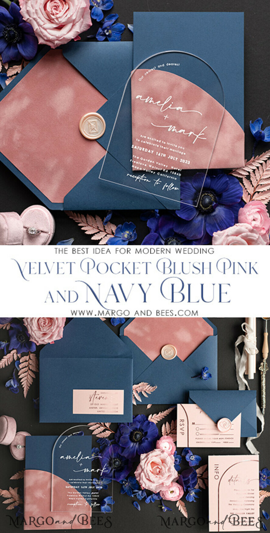 SAMPLING SERVICE samples Dusty Rose Velvet wedding Invitation Sample, handmade sample set, Navy Blue wedding invitation sample set, arch acrylic invites sample set