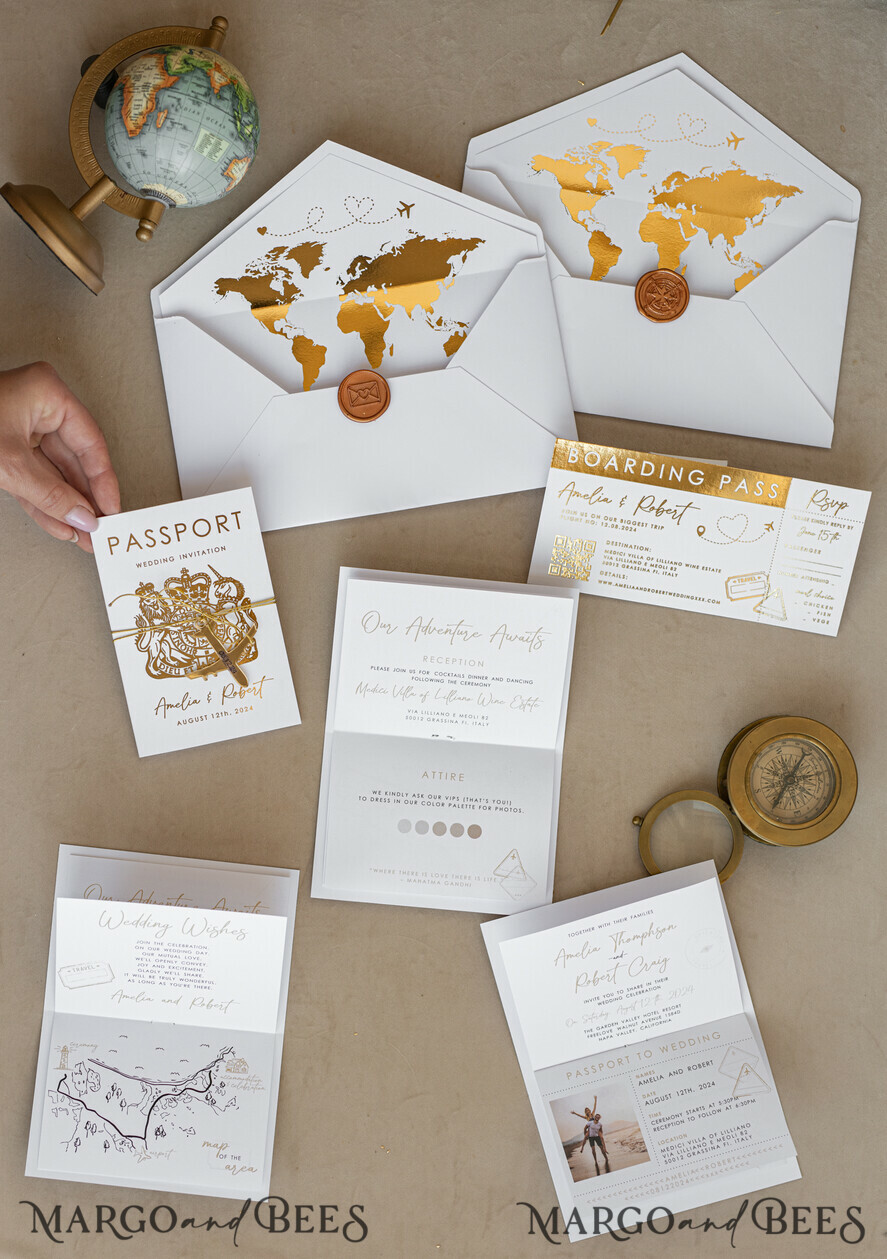 SAMPLING SERVICE samples Sample, bespoke sample set White Golden Passport Wedding Invitation, Golden Plane Wedding Cards Boarding Pass, Travel Passport Wedding Invitations Abroad, Destination Wedding Invites, Travel Map Wedding Stationary, boarding pass invitations