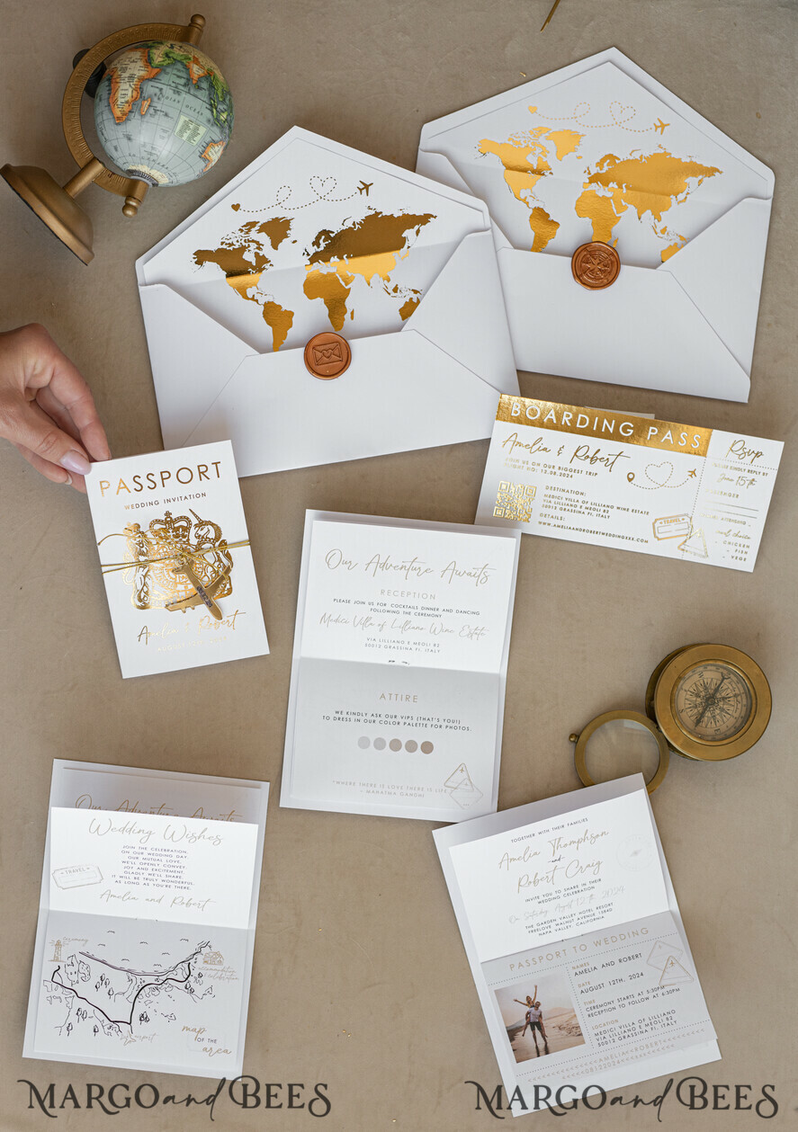 SAMPLING SERVICE samples Sample, bespoke sample set White Golden Passport Wedding Invitation, Golden Plane Wedding Cards Boarding Pass, Travel Passport Wedding Invitations Abroad, Destination Wedding Invites, Travel Map Wedding Stationary, boarding pass invitations
