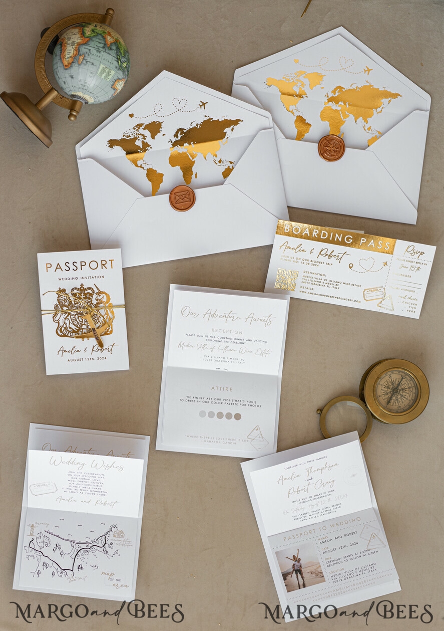 SAMPLING SERVICE samples Sample, bespoke sample set White Golden Passport Wedding Invitation, Golden Plane Wedding Cards Boarding Pass, Travel Passport Wedding Invitations Abroad, Destination Wedding Invites, Travel Map Wedding Stationary, boarding pass invitations
