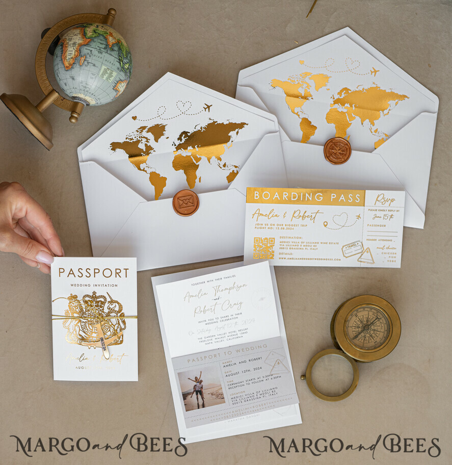 SAMPLING SERVICE samples Sample, bespoke sample set White Golden Passport Wedding Invitation, Golden Plane Wedding Cards Boarding Pass, Travel Passport Wedding Invitations Abroad, Destination Wedding Invites, Travel Map Wedding Stationary, boarding pass invitations