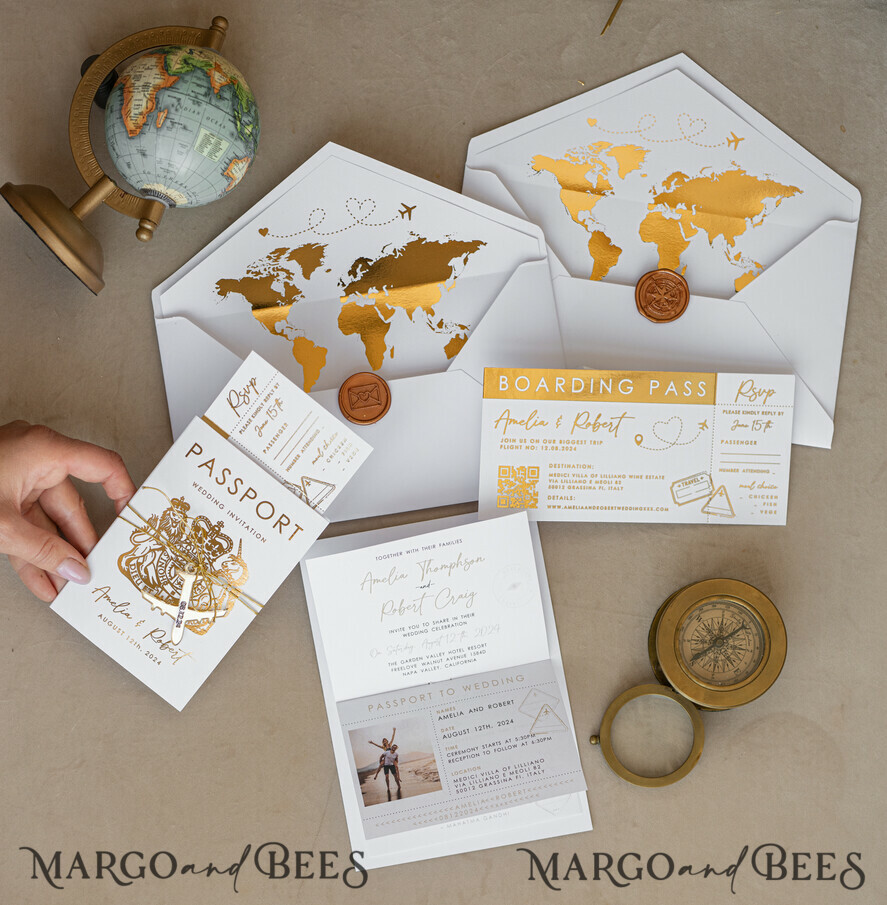 SAMPLING SERVICE samples Sample, bespoke sample set White Golden Passport Wedding Invitation, Golden Plane Wedding Cards Boarding Pass, Travel Passport Wedding Invitations Abroad, Destination Wedding Invites, Travel Map Wedding Stationary, boarding pass invitations