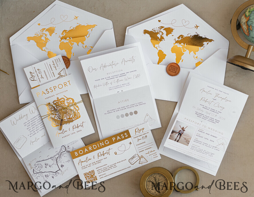 SAMPLING SERVICE samples Sample, bespoke sample set White Golden Passport Wedding Invitation, Golden Plane Wedding Cards Boarding Pass, Travel Passport Wedding Invitations Abroad, Destination Wedding Invites, Travel Map Wedding Stationary, boarding pass invitations