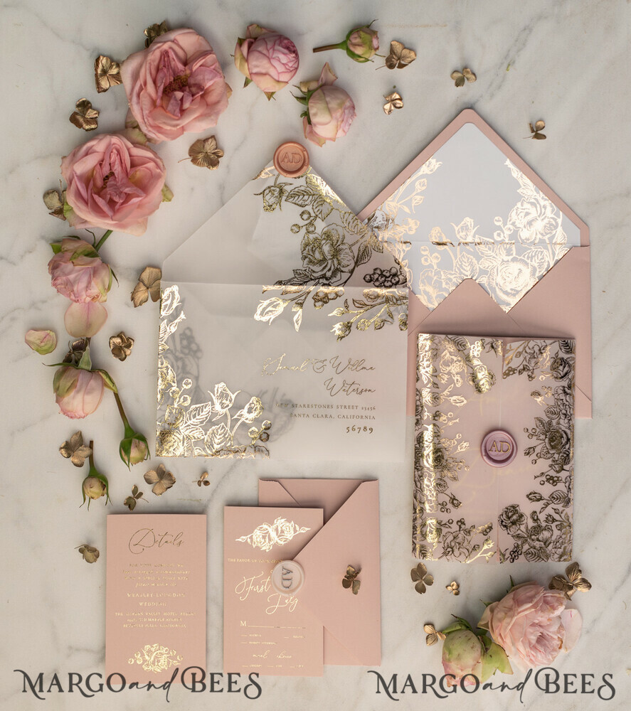 SAMPLING SERVICE samples Dusty Rose wedding Invitation Sample, handmade sample set, Gold Arabic wedding invitation samples, Glamour Floral invites sample set