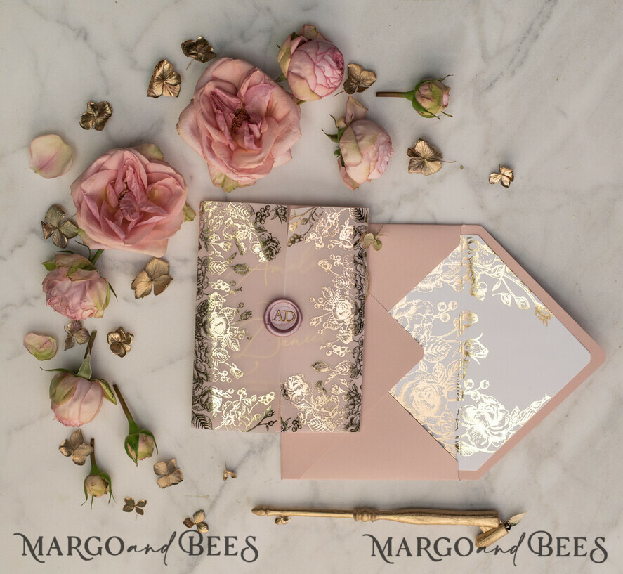 SAMPLING SERVICE samples Dusty Rose wedding Invitation Sample, handmade sample set, Gold Arabic wedding invitation samples, Glamour Floral invites sample set