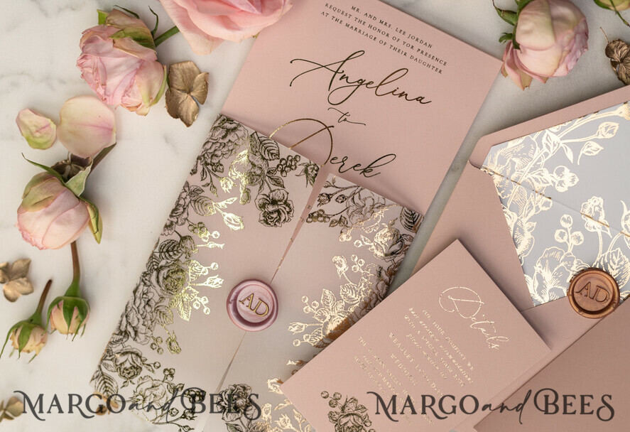 SAMPLING SERVICE samples Dusty Rose wedding Invitation Sample, handmade sample set, Gold Arabic wedding invitation samples, Glamour Floral invites sample set