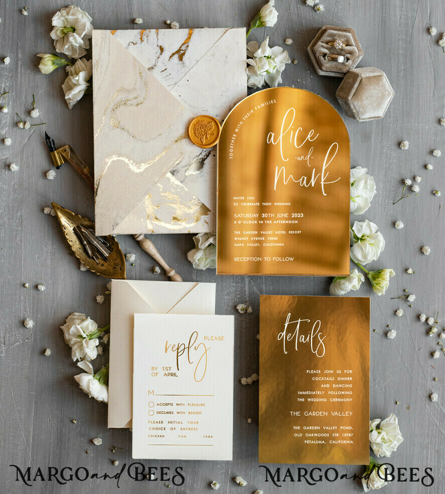 SAMPLING SERVICE samples sample Elegant Gold Wedding invitations, Luxury Gold Acrylic wedding invitation, Golden marble Wedding Invites, Arch Glamour Wedding Invitation Suite