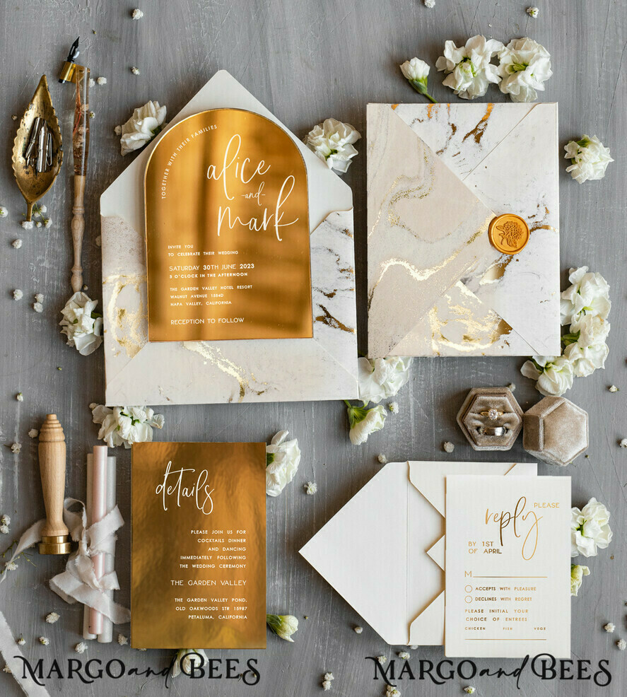 SAMPLING SERVICE samples sample Elegant Gold Wedding invitations, Luxury Gold Acrylic wedding invitation, Golden marble Wedding Invites, Arch Glamour Wedding Invitation Suite