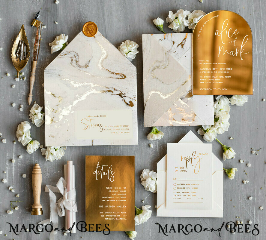 SAMPLING SERVICE samples sample Elegant Gold Wedding invitations, Luxury Gold Acrylic wedding invitation, Golden marble Wedding Invites, Arch Glamour Wedding Invitation Suite