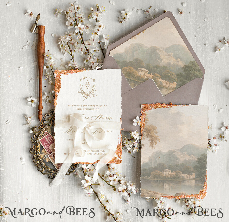 SAMPLING SERVICE samples Vintage Fine Art wedding Invitation Sample, handmade sample set, cappuccino ivory wedding invitation, gold torn edges invites sample set