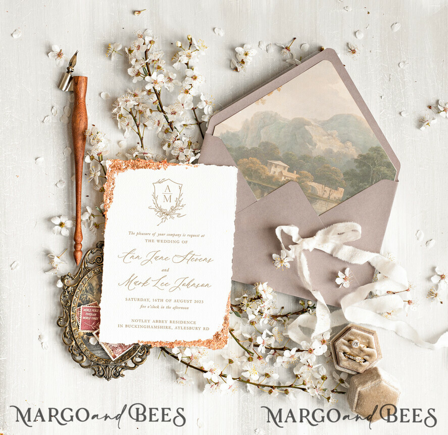 SAMPLING SERVICE samples Vintage Fine Art wedding Invitation Sample, handmade sample set, cappuccino ivory wedding invitation, gold torn edges invites sample set