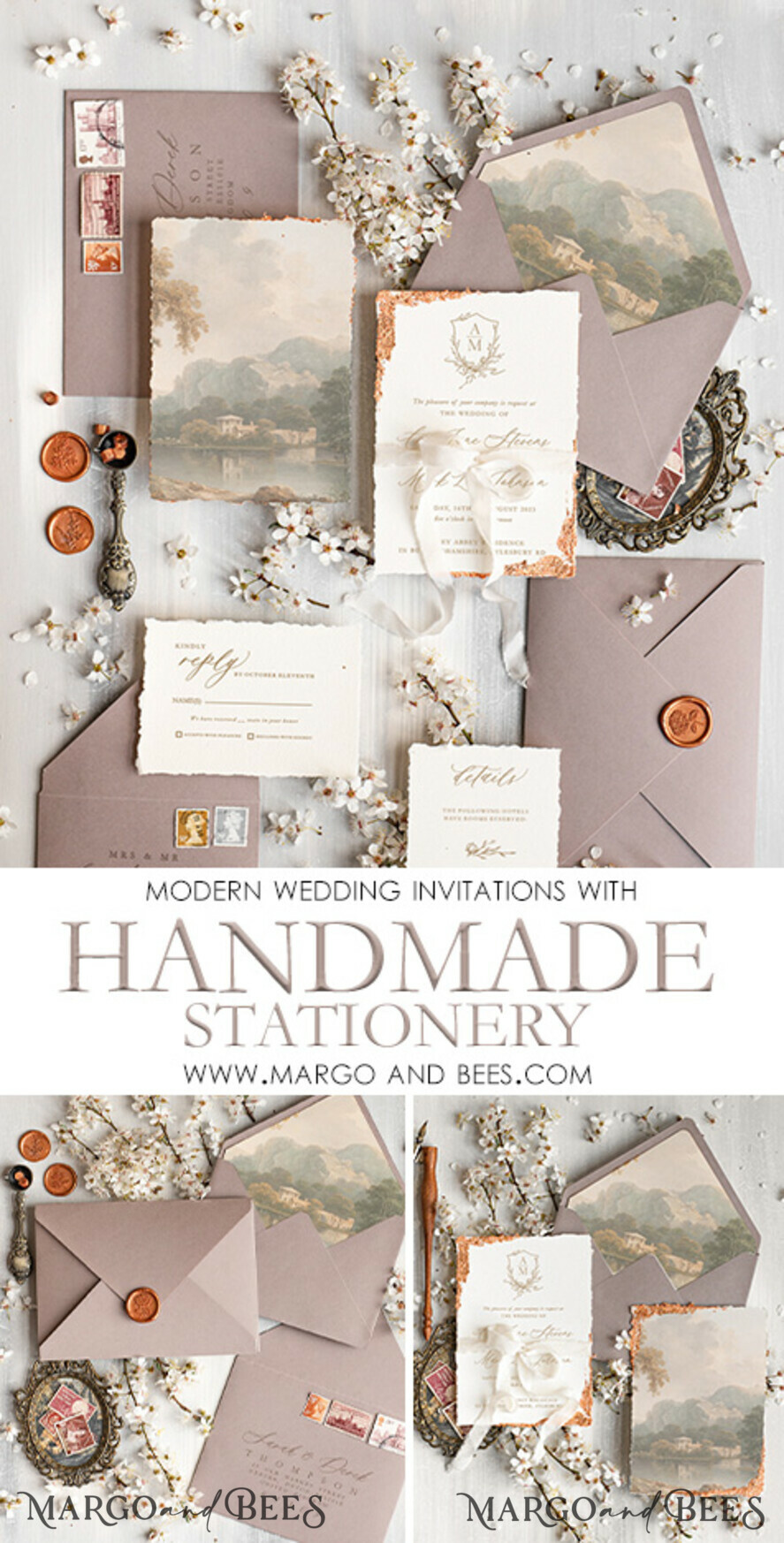 SAMPLING SERVICE samples Vintage Fine Art wedding Invitation Sample, handmade sample set, cappuccino ivory wedding invitation, gold torn edges invites sample set