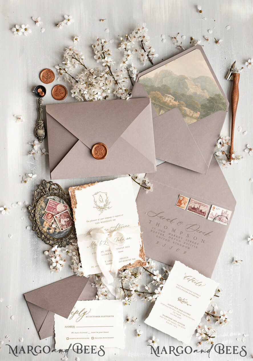 SAMPLING SERVICE samples Vintage Fine Art wedding Invitation Sample, handmade sample set, cappuccino ivory wedding invitation, gold torn edges invites sample set