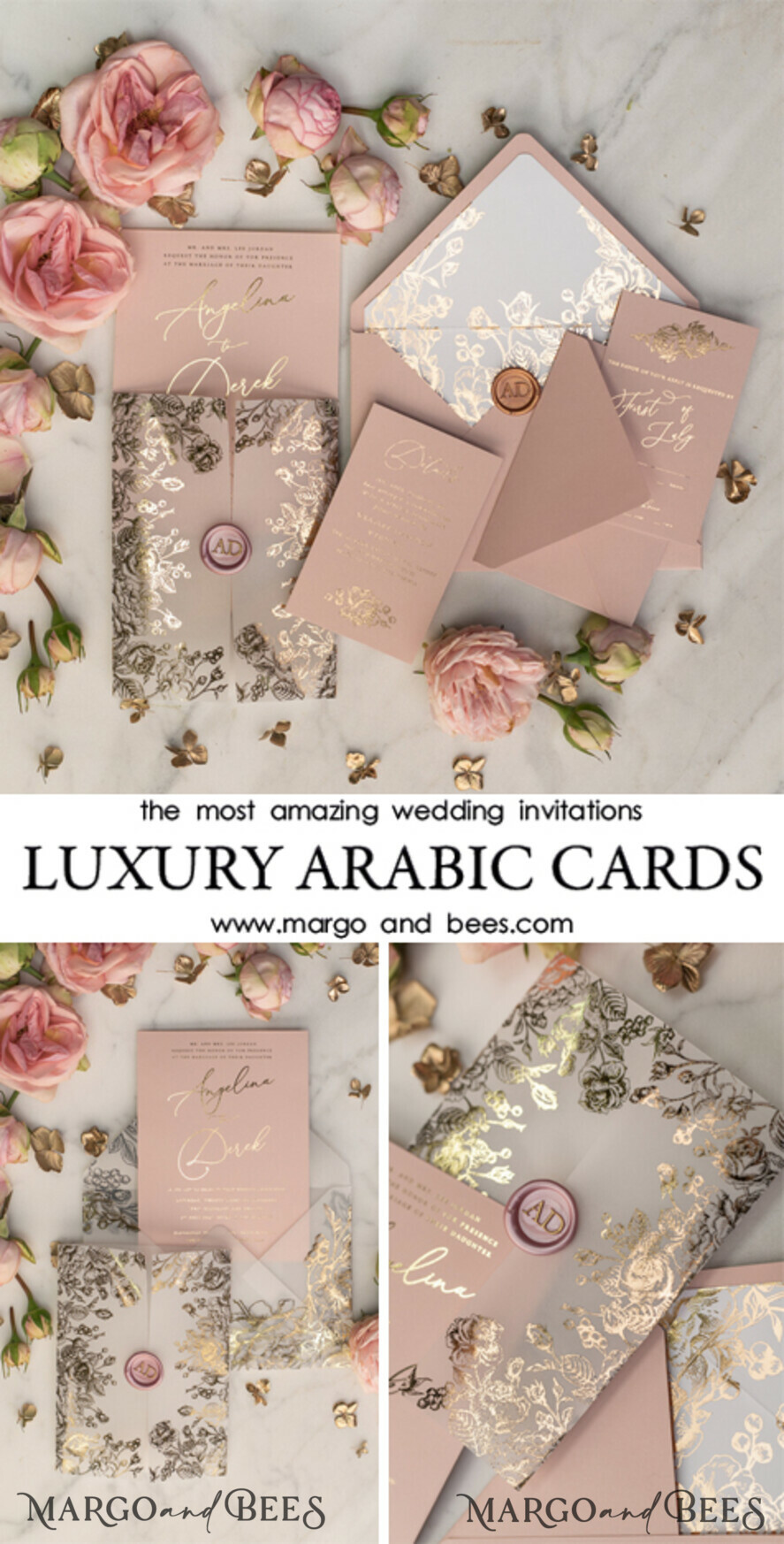 SAMPLING SERVICE samples Gold Arabic wedding Invitation Sample, handmade sample set, Pink Floral wedding invitation samples, romantic wedding invites sample set