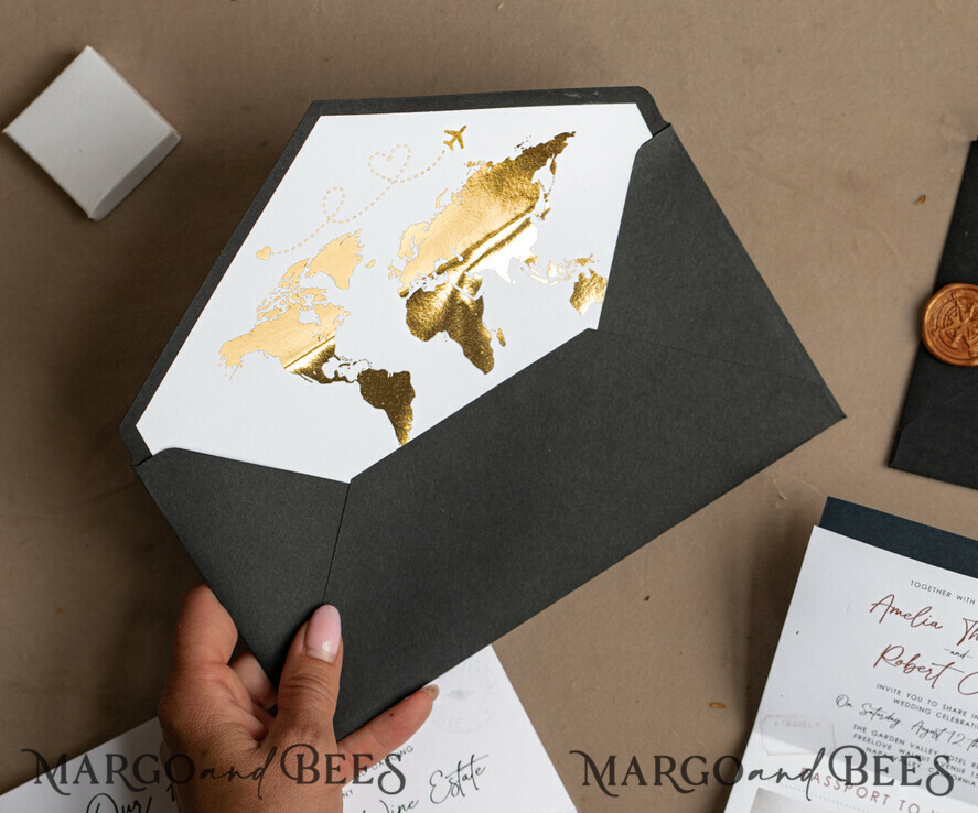 SAMPLING SERVICE samples Gold White Black Passport Wedding Invitation, Golden Wedding Cards Boarding Pass, Travel Passport Wedding Invitations Abroad, Destination Wedding Invites, Travel Map Wedding Stationary