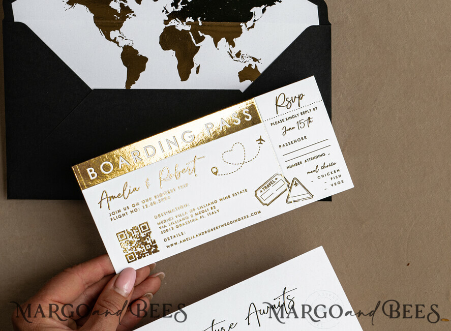 SAMPLING SERVICE samples Gold White Black Passport Wedding Invitation, Golden Wedding Cards Boarding Pass, Travel Passport Wedding Invitations Abroad, Destination Wedding Invites, Travel Map Wedding Stationary